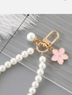 Pearl Bead Keychain/Bag Charm with Pink Flower